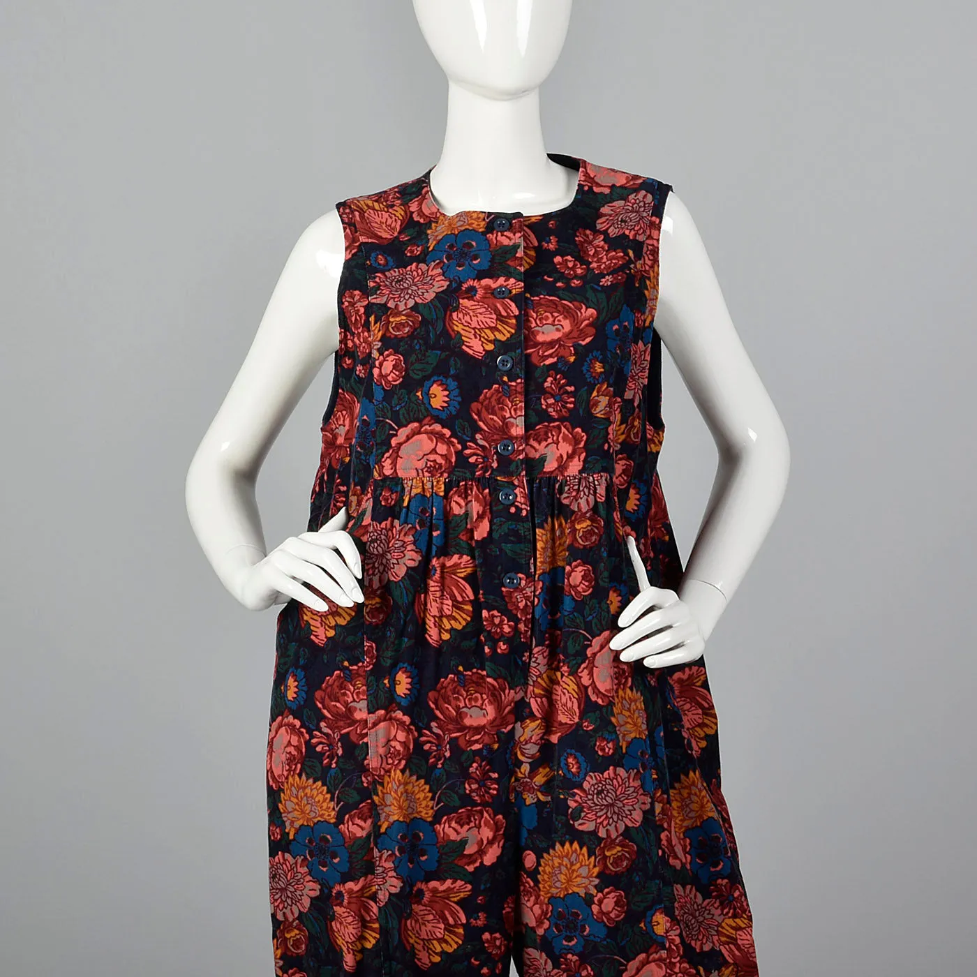 1980s Corduroy Jumpsuit in Black Floral Print