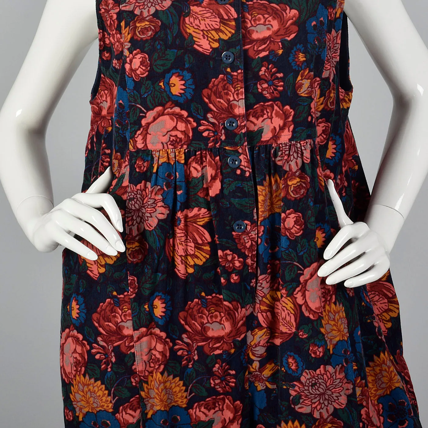 1980s Corduroy Jumpsuit in Black Floral Print