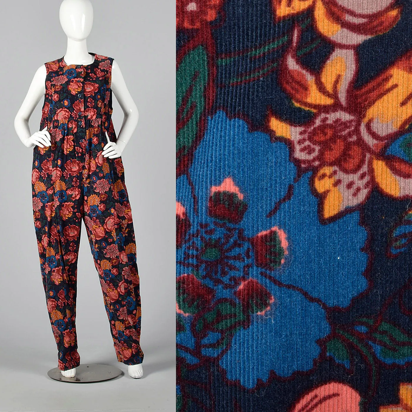 1980s Corduroy Jumpsuit in Black Floral Print