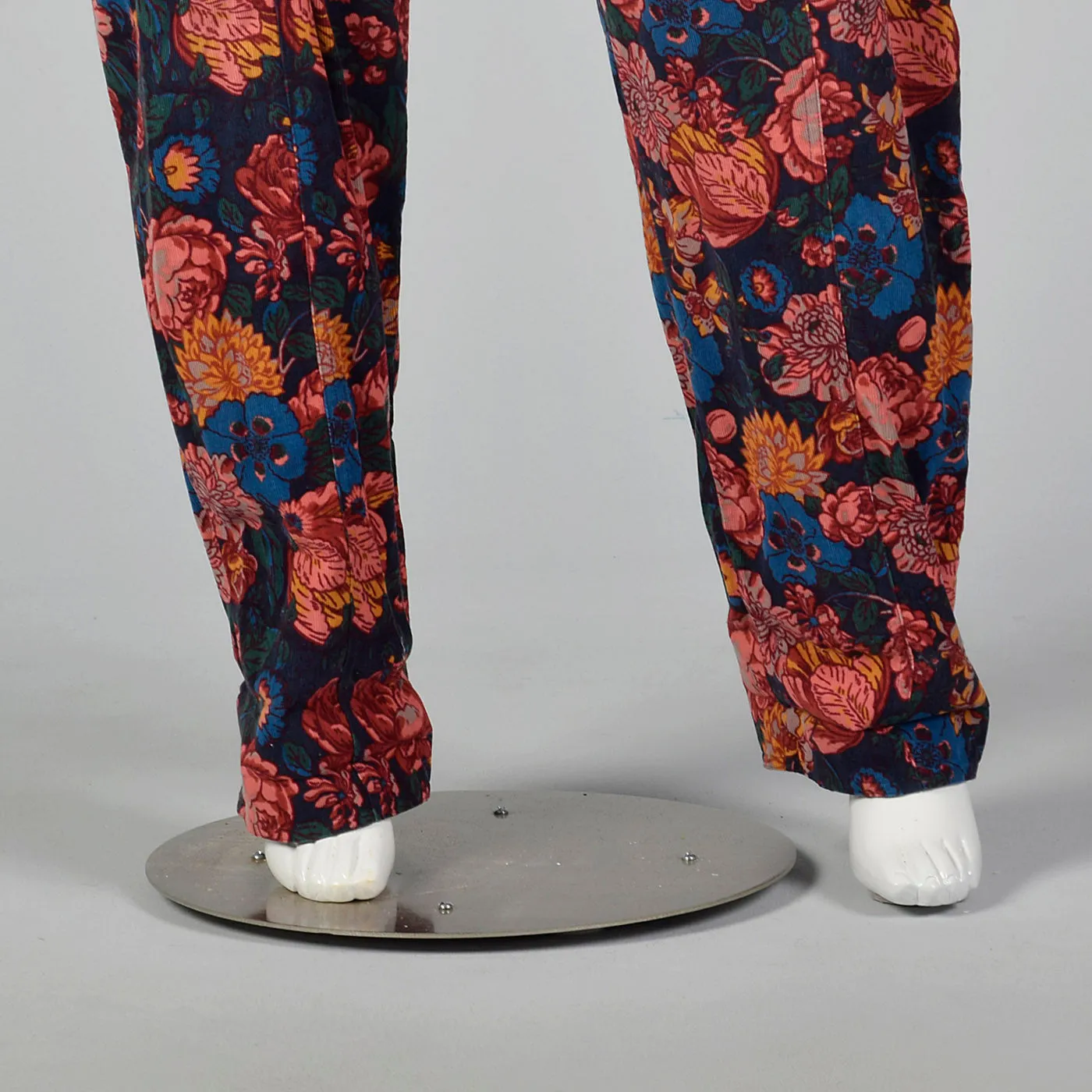 1980s Corduroy Jumpsuit in Black Floral Print