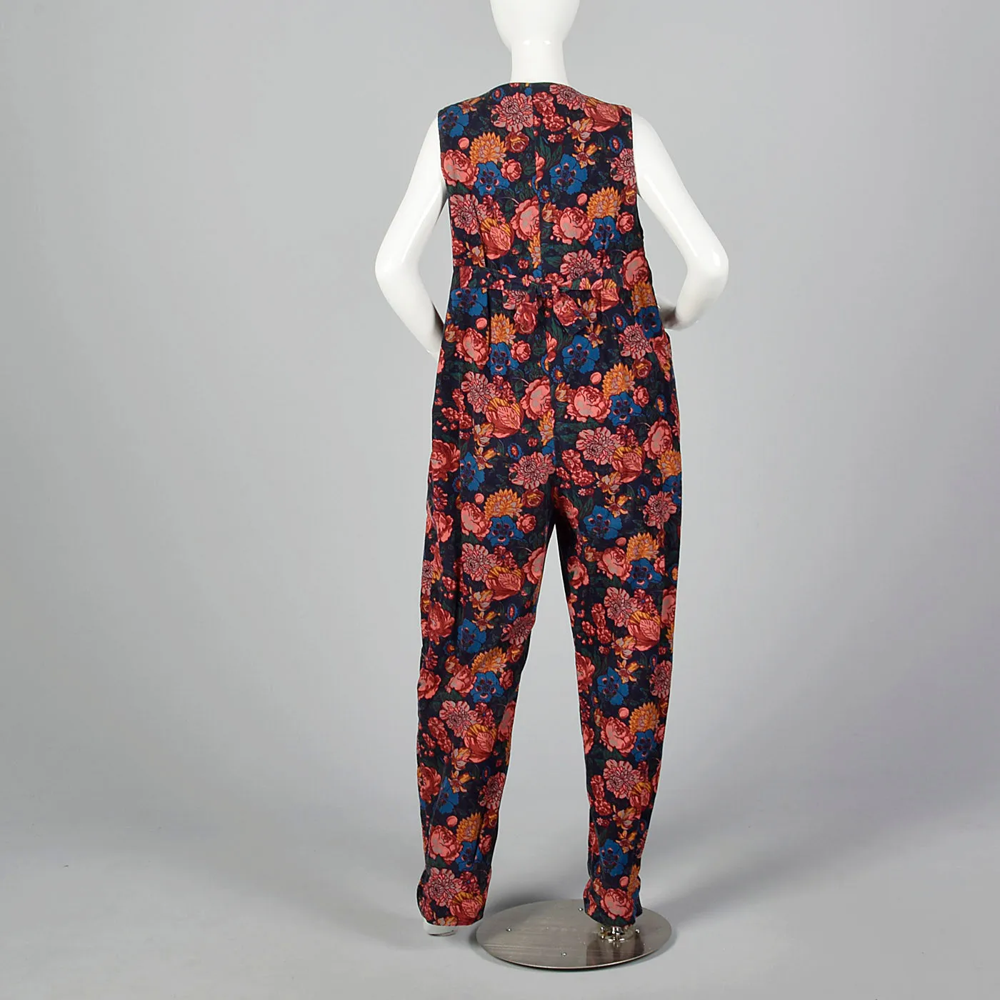 1980s Corduroy Jumpsuit in Black Floral Print