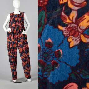 1980s Corduroy Jumpsuit in Black Floral Print