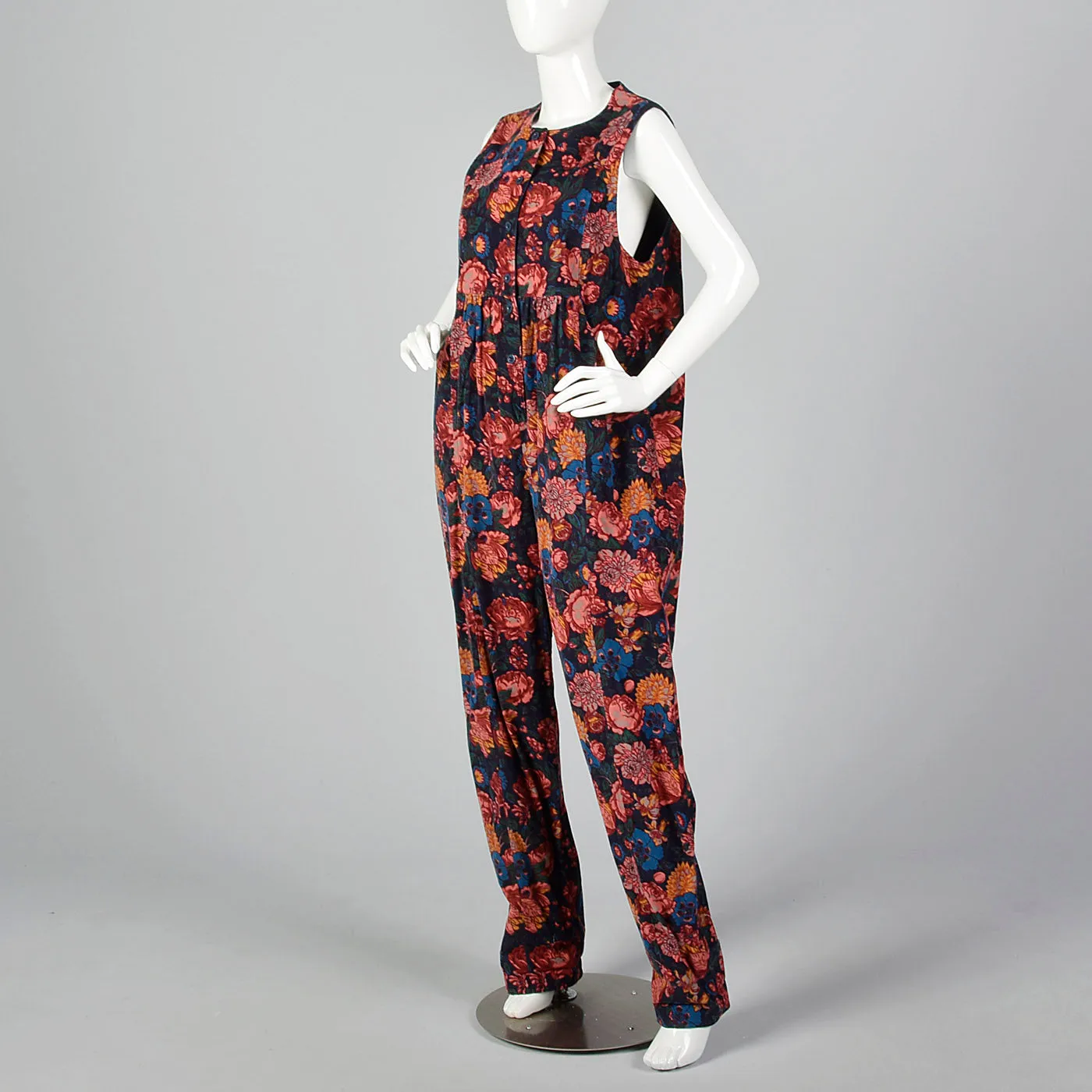 1980s Corduroy Jumpsuit in Black Floral Print