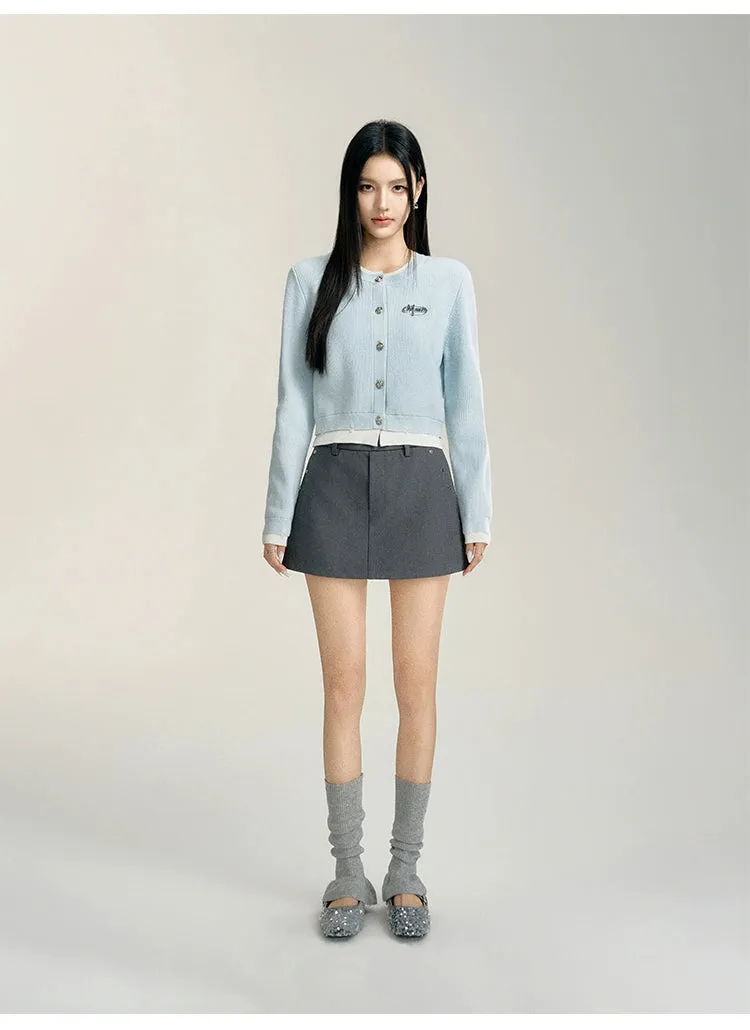 Blue & Gray Color-blocked Cropped Cardigan