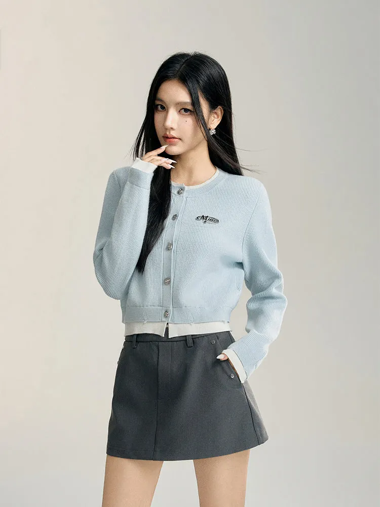 Blue & Gray Color-blocked Cropped Cardigan