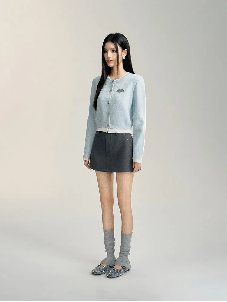 Blue & Gray Color-blocked Cropped Cardigan