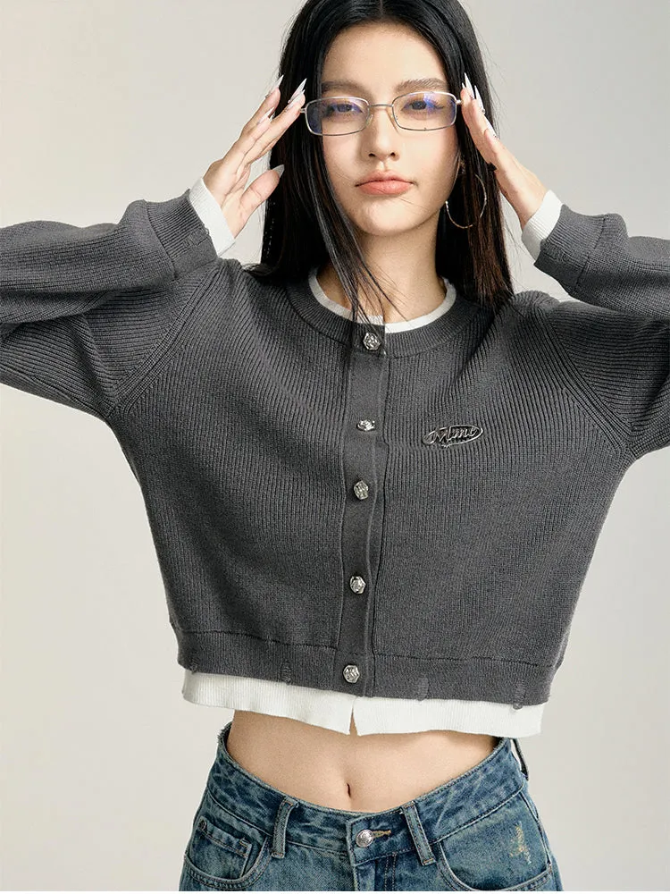 Blue & Gray Color-blocked Cropped Cardigan