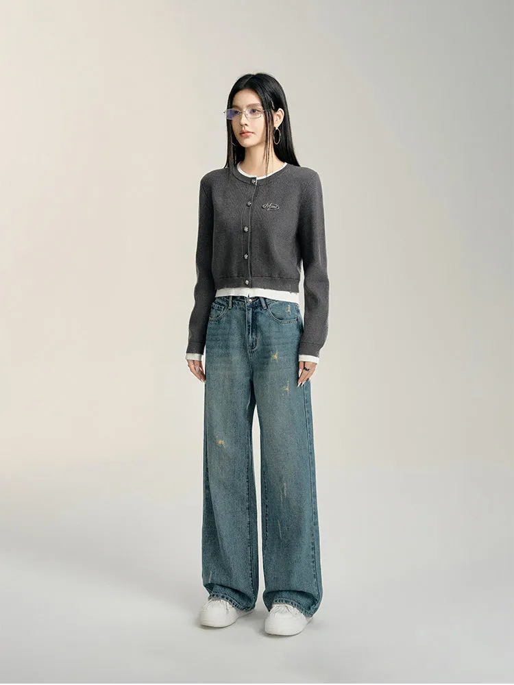 Blue & Gray Color-blocked Cropped Cardigan