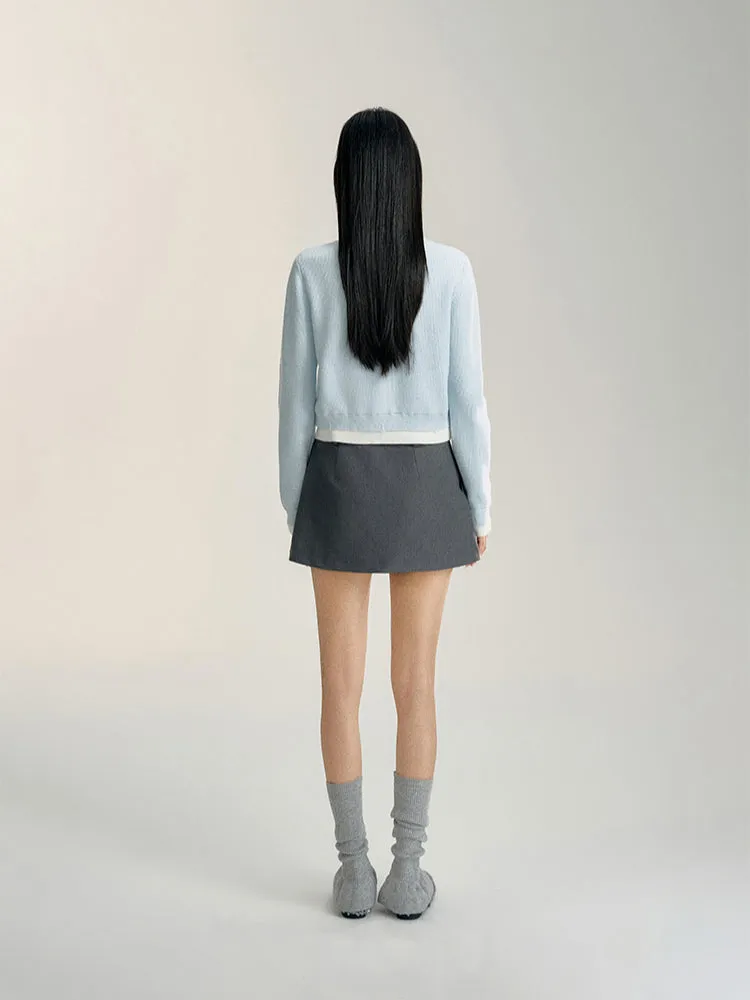 Blue & Gray Color-blocked Cropped Cardigan