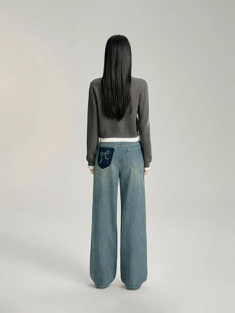 Blue & Gray Color-blocked Cropped Cardigan