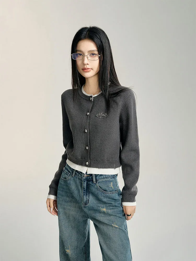 Blue & Gray Color-blocked Cropped Cardigan
