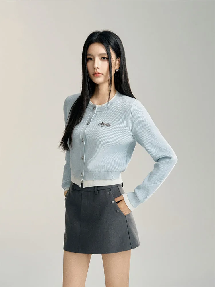 Blue & Gray Color-blocked Cropped Cardigan