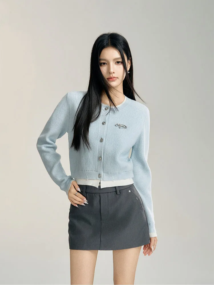 Blue & Gray Color-blocked Cropped Cardigan