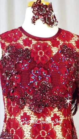 Burgundy Open Net Lace Leotard with Embroidered Appliques and Feathers - Swarovski Rhinestones