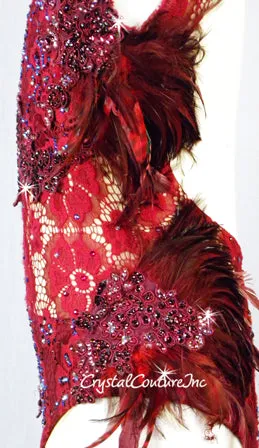 Burgundy Open Net Lace Leotard with Embroidered Appliques and Feathers - Swarovski Rhinestones