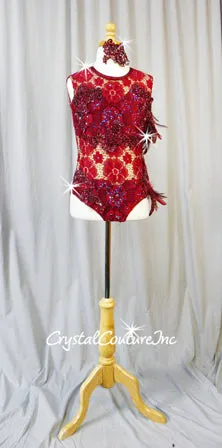 Burgundy Open Net Lace Leotard with Embroidered Appliques and Feathers - Swarovski Rhinestones