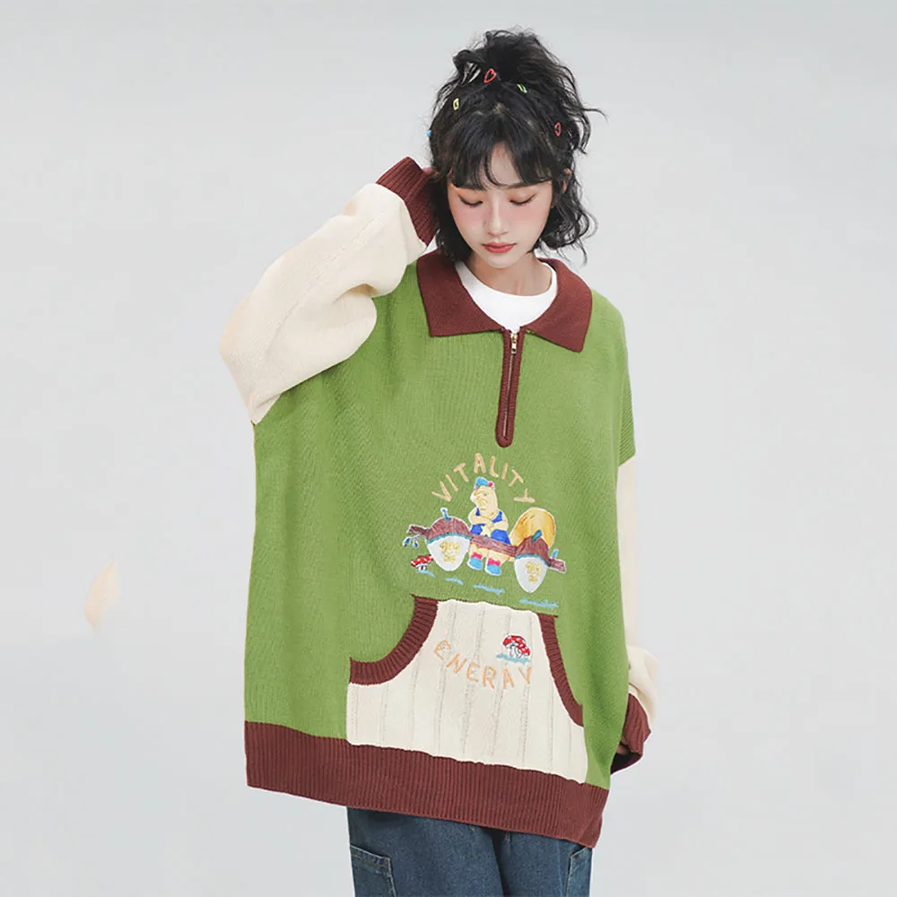 Cartoon Embroidered Pocket Polo-neck Sweater