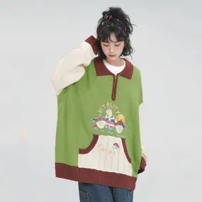 Cartoon Embroidered Pocket Polo-neck Sweater