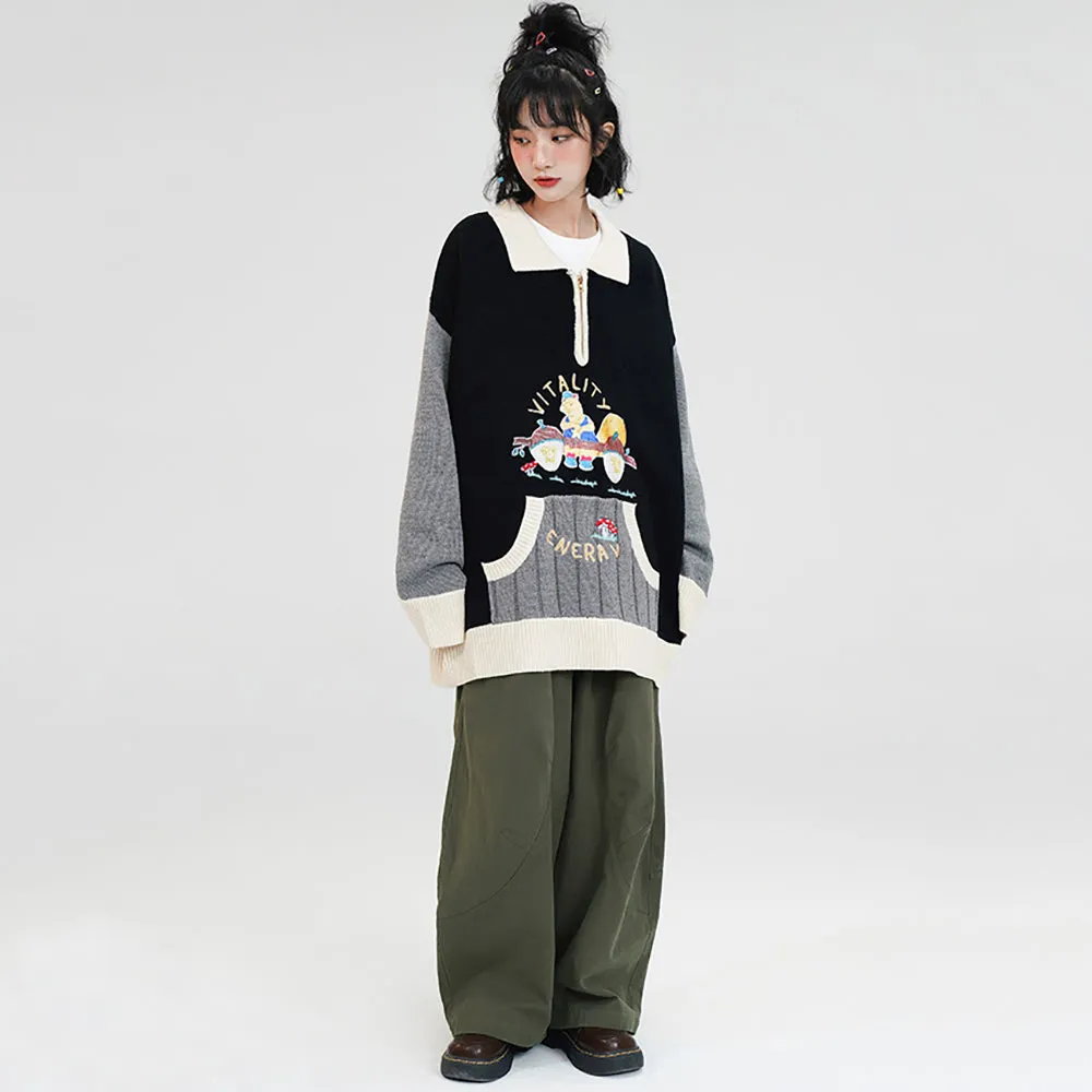 Cartoon Embroidered Pocket Polo-neck Sweater