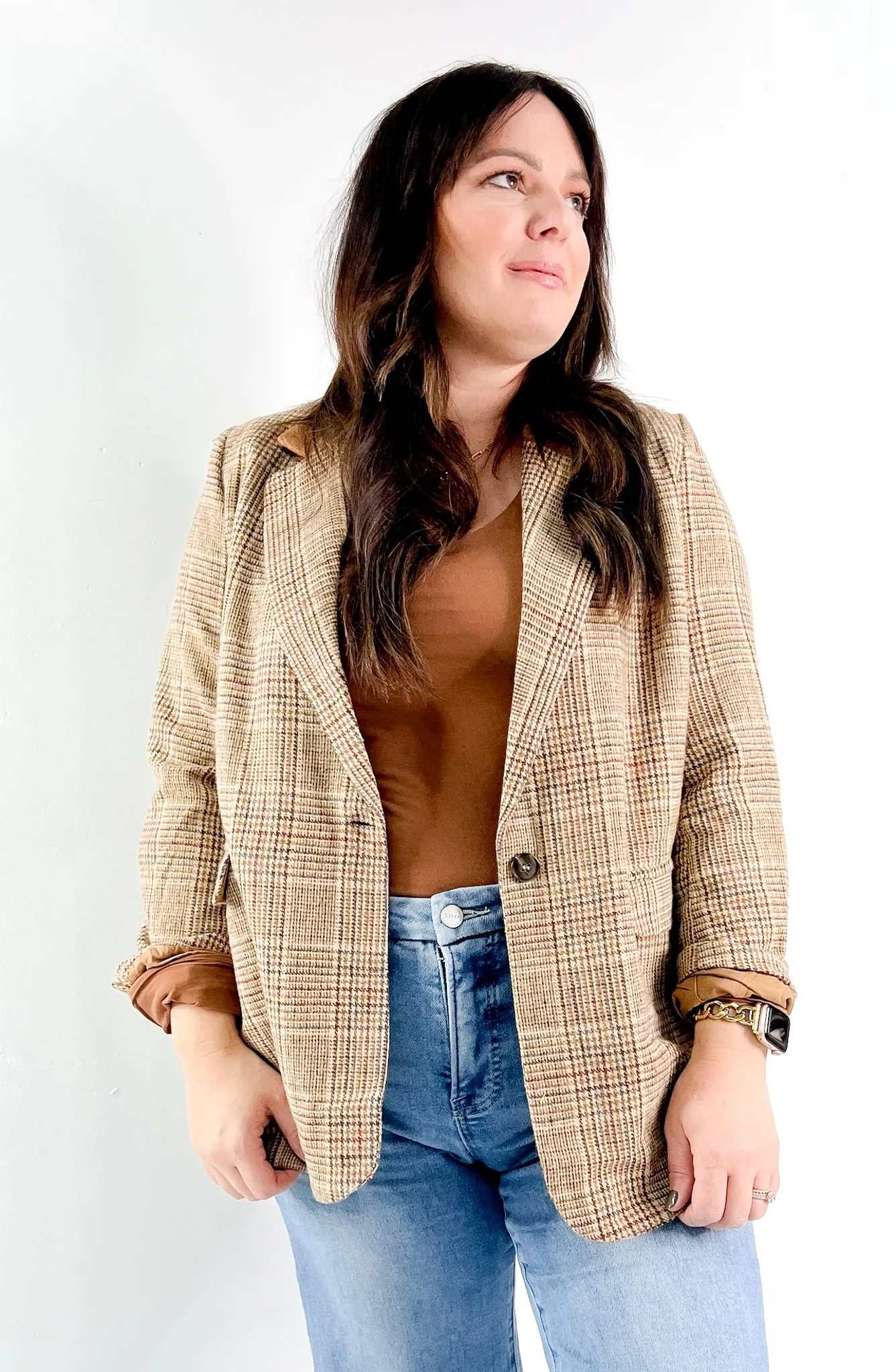 Collar Contrast Detail Plaid Blazer