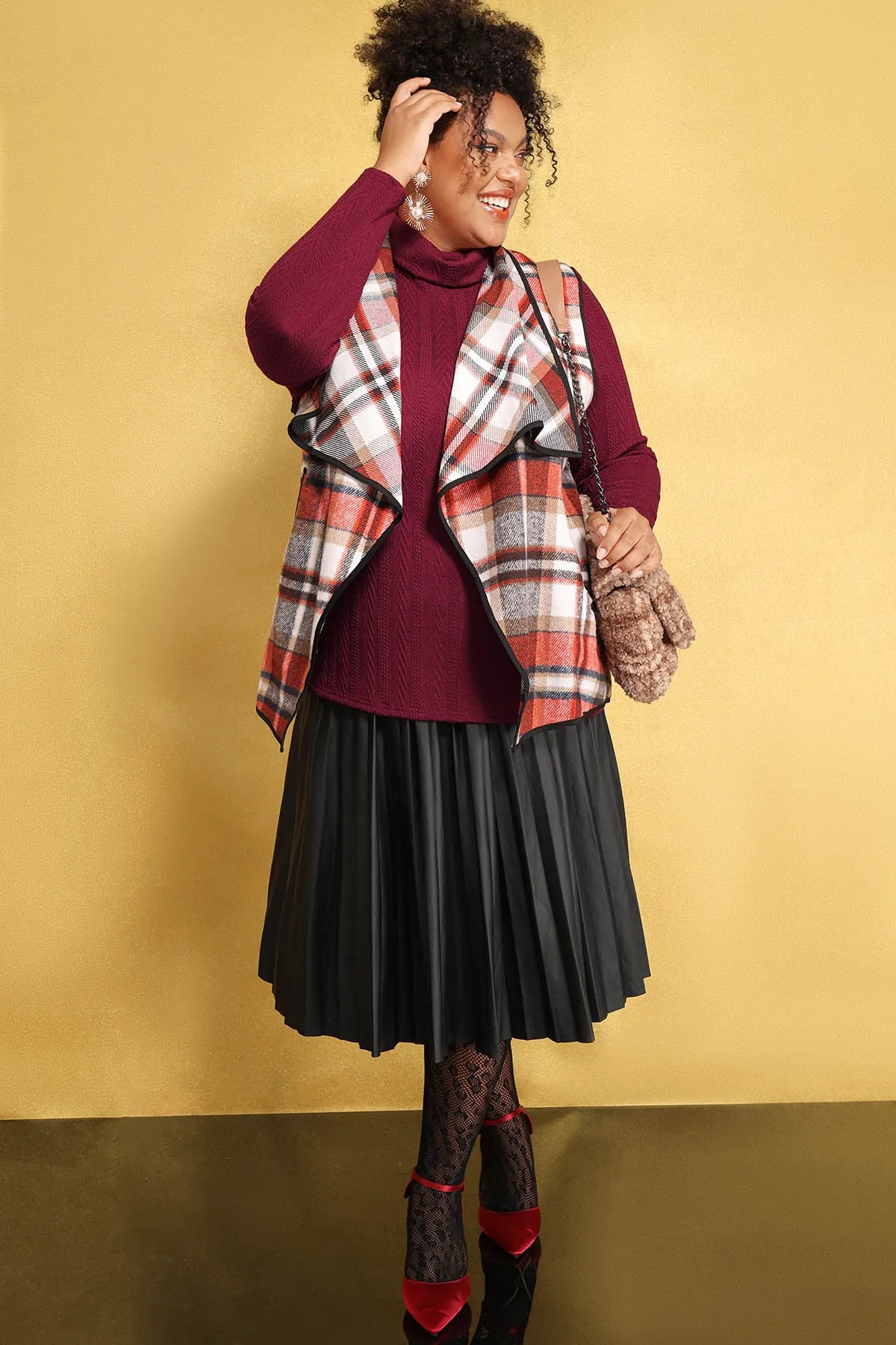 Colorblock Plaid Sleeveless Pocket Cardigan