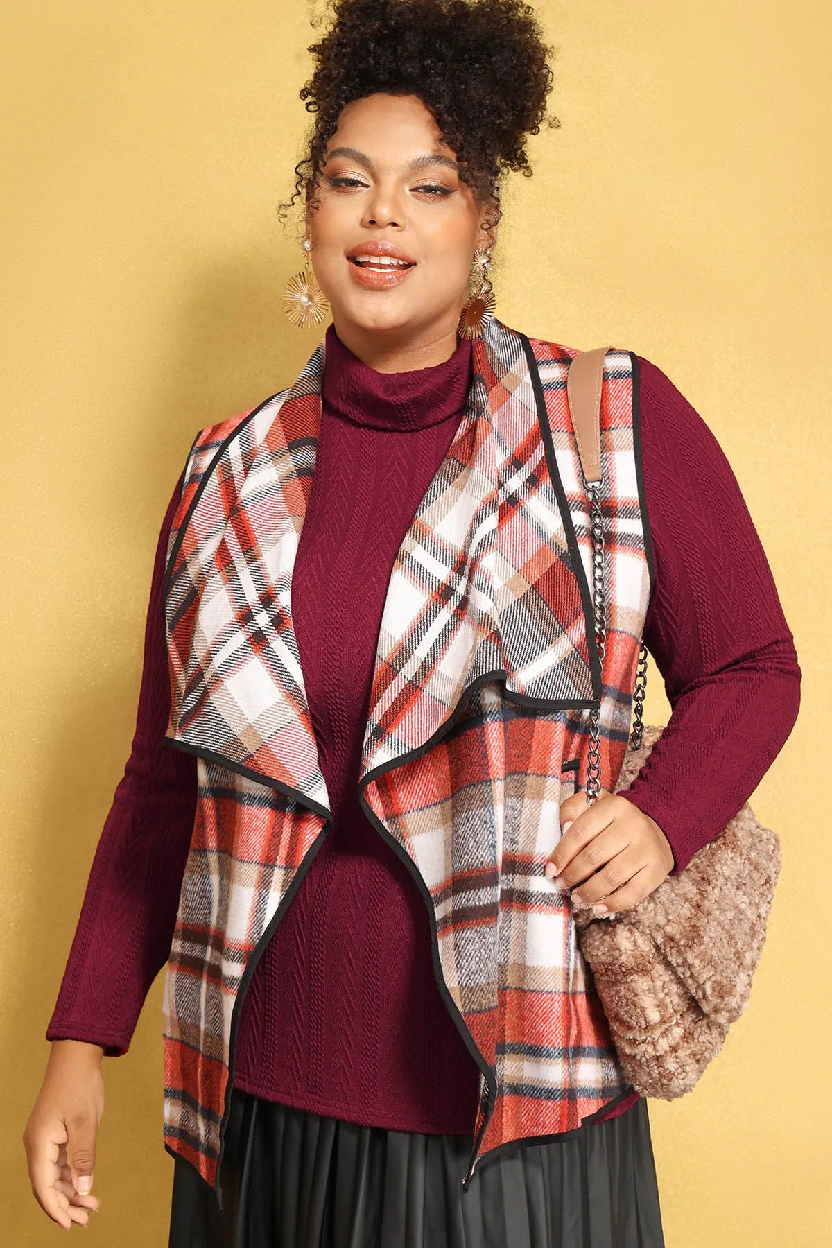 Colorblock Plaid Sleeveless Pocket Cardigan