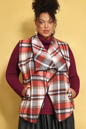 Colorblock Plaid Sleeveless Pocket Cardigan