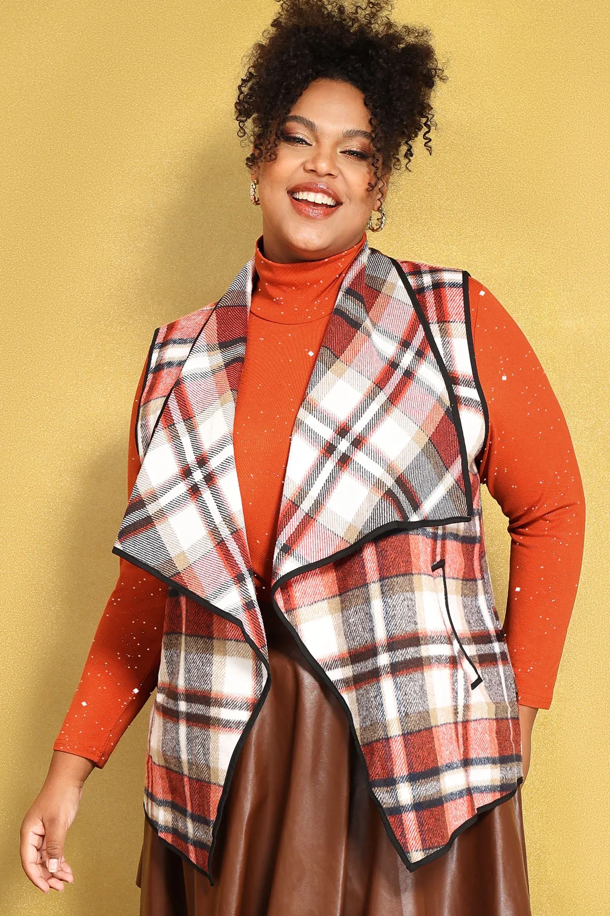 Colorblock Plaid Sleeveless Pocket Cardigan