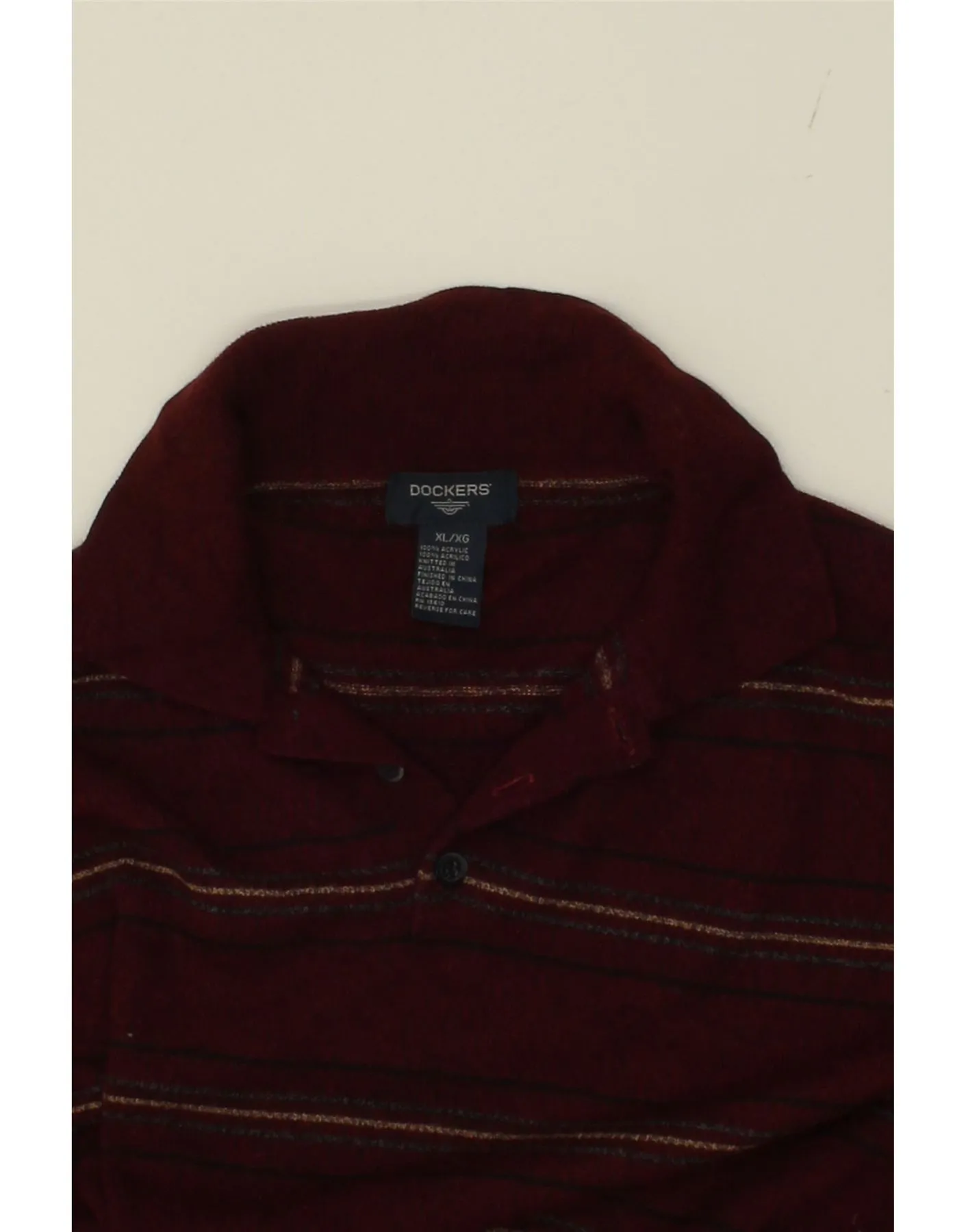 DOCKERS Mens Polo Neck Jumper Sweater XL Burgundy Striped Acrylic