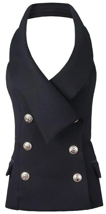 Double-Breasted Sleeveless Vest/Top in Black