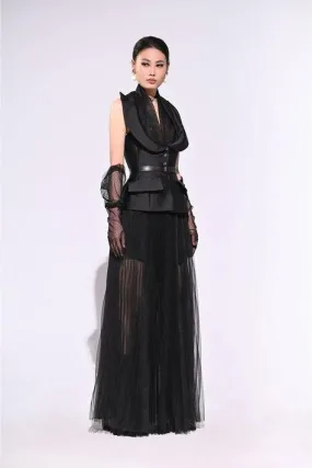 Elegant sleeveless peplum mesh filet blazer- Coco