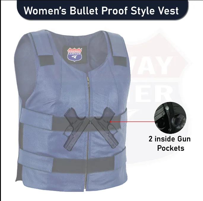 HL14945NV-BLU48 Navy Blue bulletproof Style Motorcycle Club Leather Vest - Women Shade 48