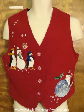 Horrible Red Christmas Sweater Vest with Snowmen
