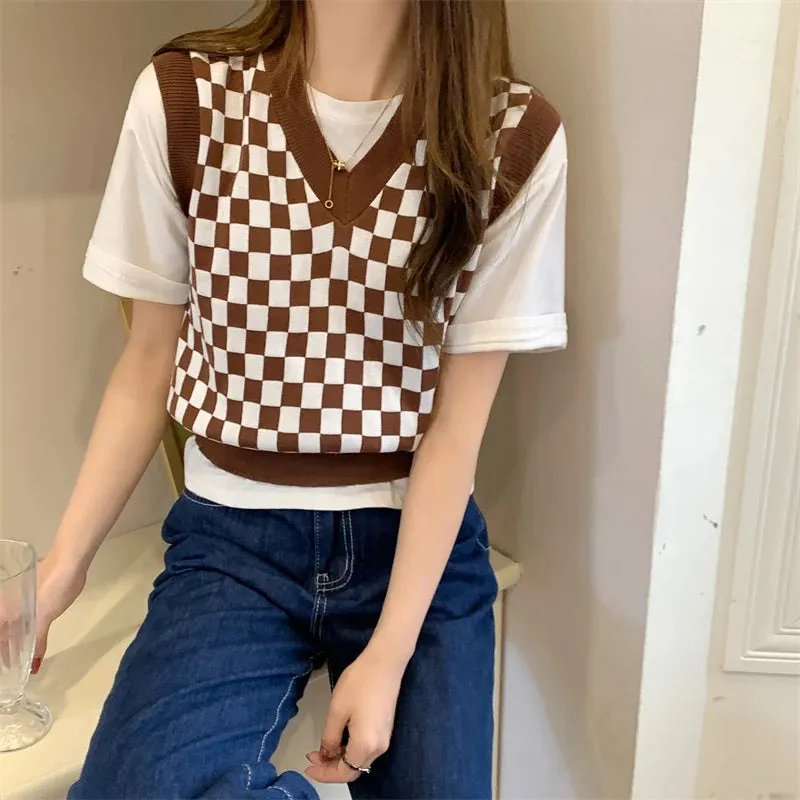 Joskaa-Streetwear Knitted Pullover Preppy Style Knitwear Tank Top Autumn Spring V-Neck Waistcoat Women Knit Sweater Vest