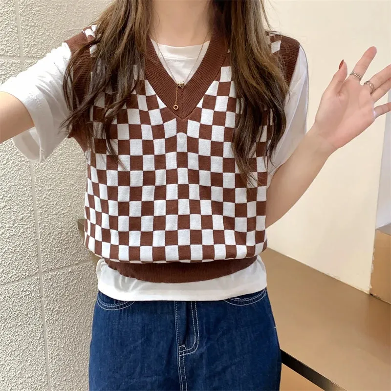 Joskaa-Streetwear Knitted Pullover Preppy Style Knitwear Tank Top Autumn Spring V-Neck Waistcoat Women Knit Sweater Vest