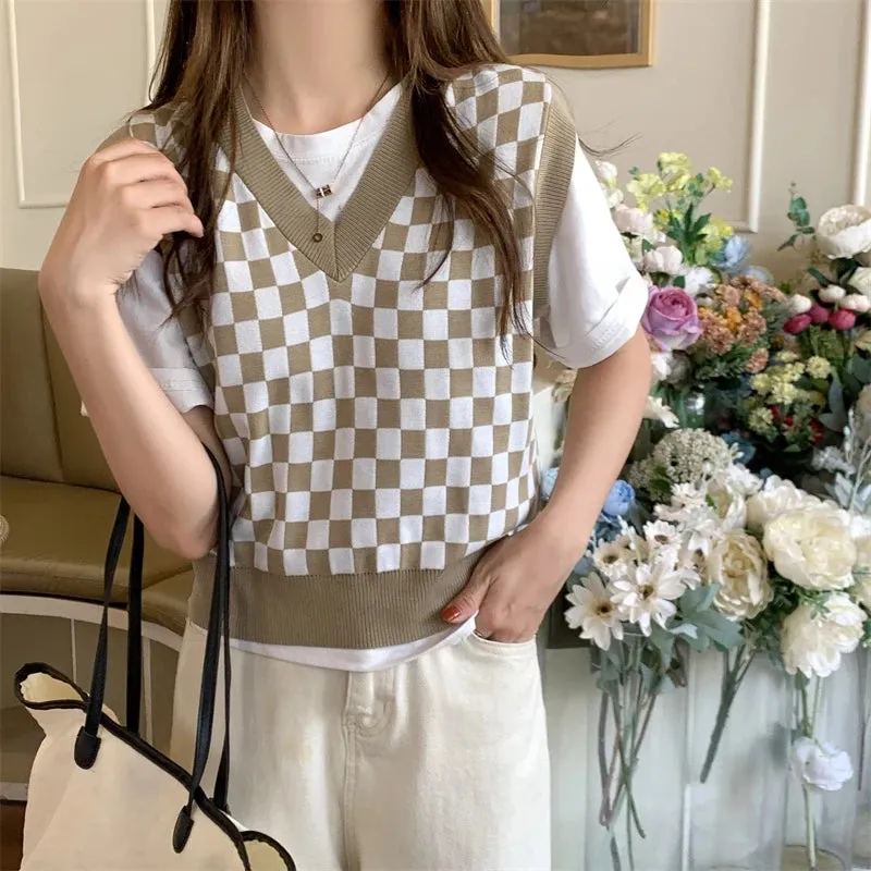 Joskaa-Streetwear Knitted Pullover Preppy Style Knitwear Tank Top Autumn Spring V-Neck Waistcoat Women Knit Sweater Vest