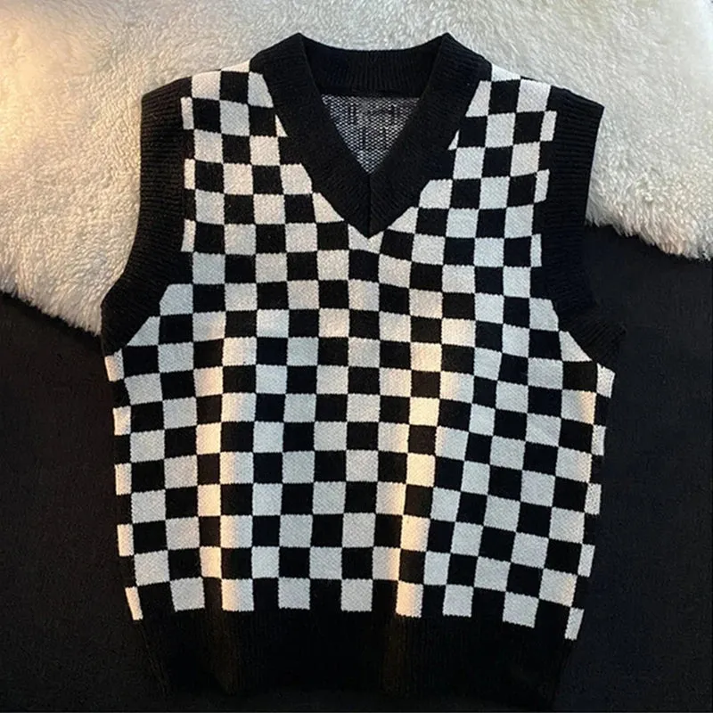 Joskaa-Streetwear Knitted Pullover Preppy Style Knitwear Tank Top Autumn Spring V-Neck Waistcoat Women Knit Sweater Vest