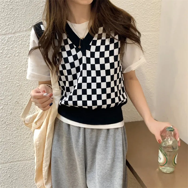 Joskaa-Streetwear Knitted Pullover Preppy Style Knitwear Tank Top Autumn Spring V-Neck Waistcoat Women Knit Sweater Vest