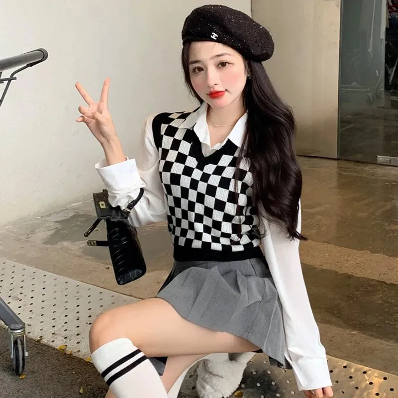 Joskaa-Streetwear Knitted Pullover Preppy Style Knitwear Tank Top Autumn Spring V-Neck Waistcoat Women Knit Sweater Vest