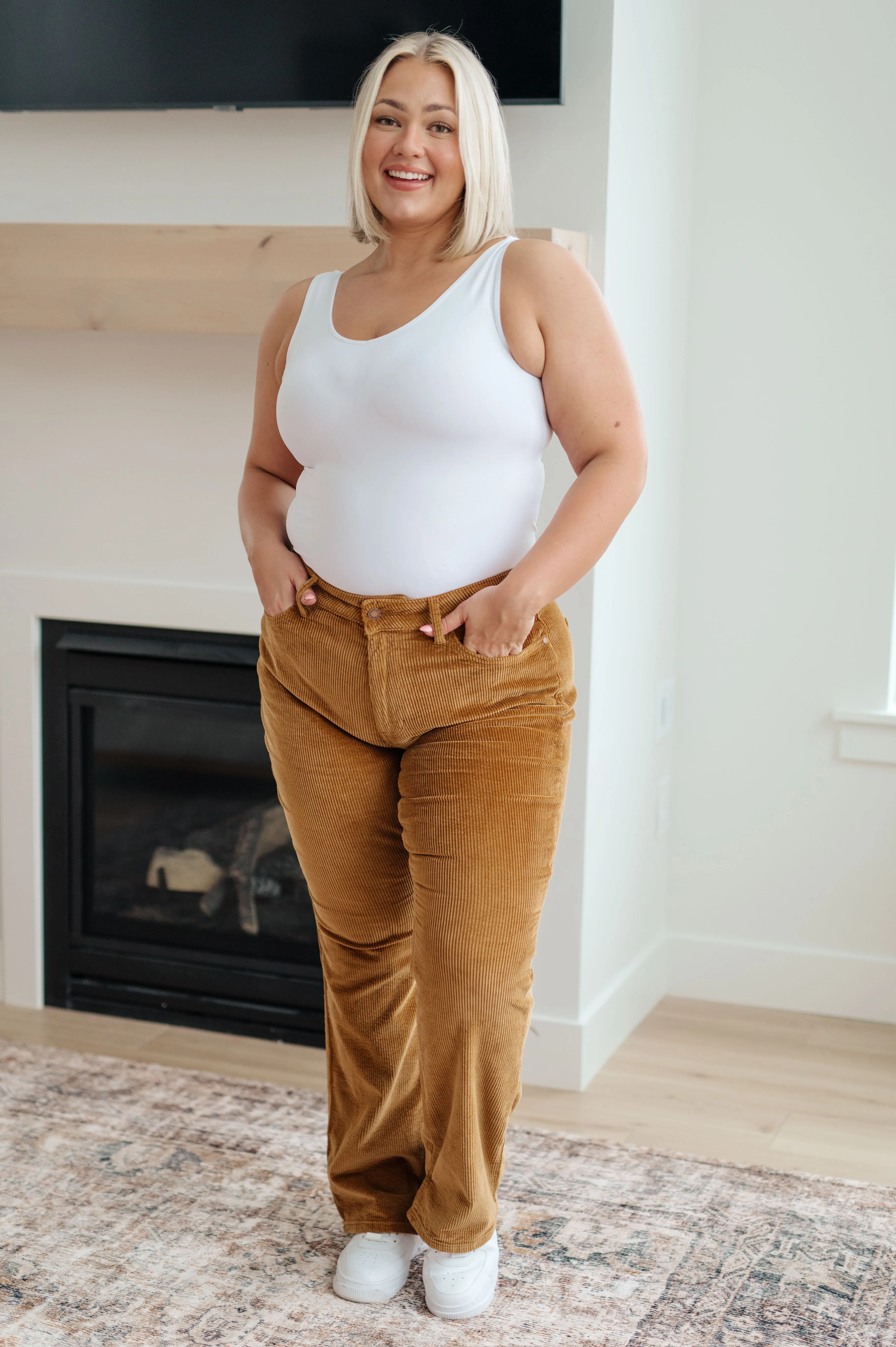 Judy Blue Mid Rise Bootcut Corduroy Pants in Camel