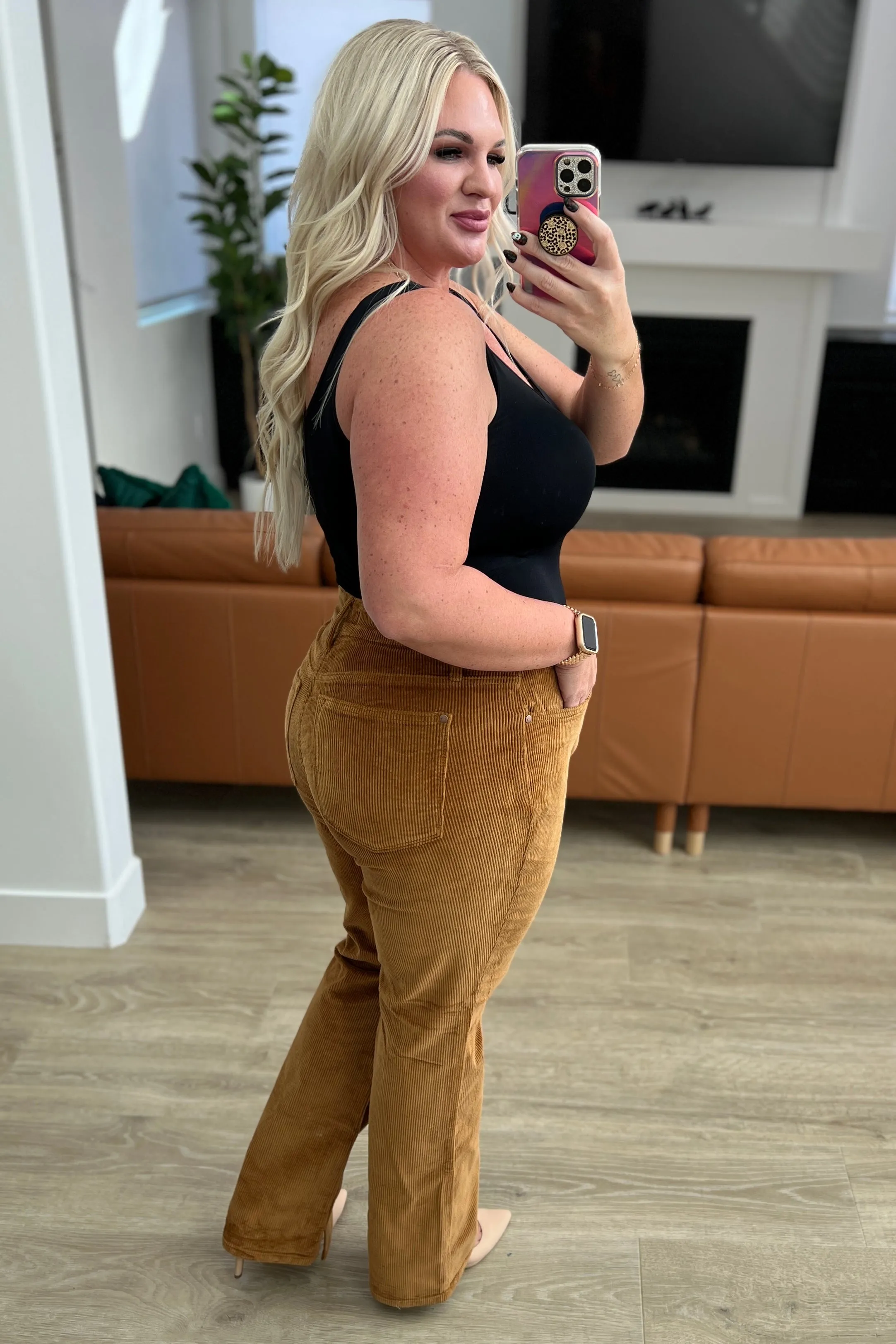 Judy Blue Mid Rise Bootcut Corduroy Pants in Camel