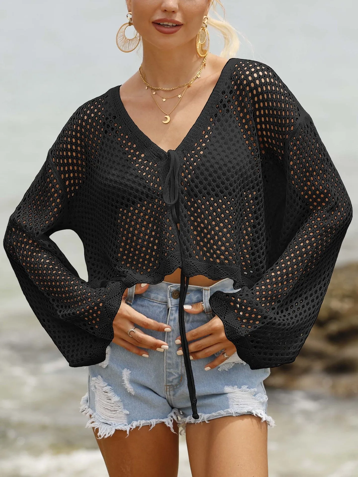 Lace-Up Hollow-Out Beach Blouse