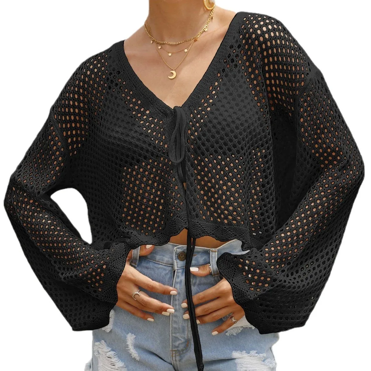 Lace-Up Hollow-Out Beach Blouse