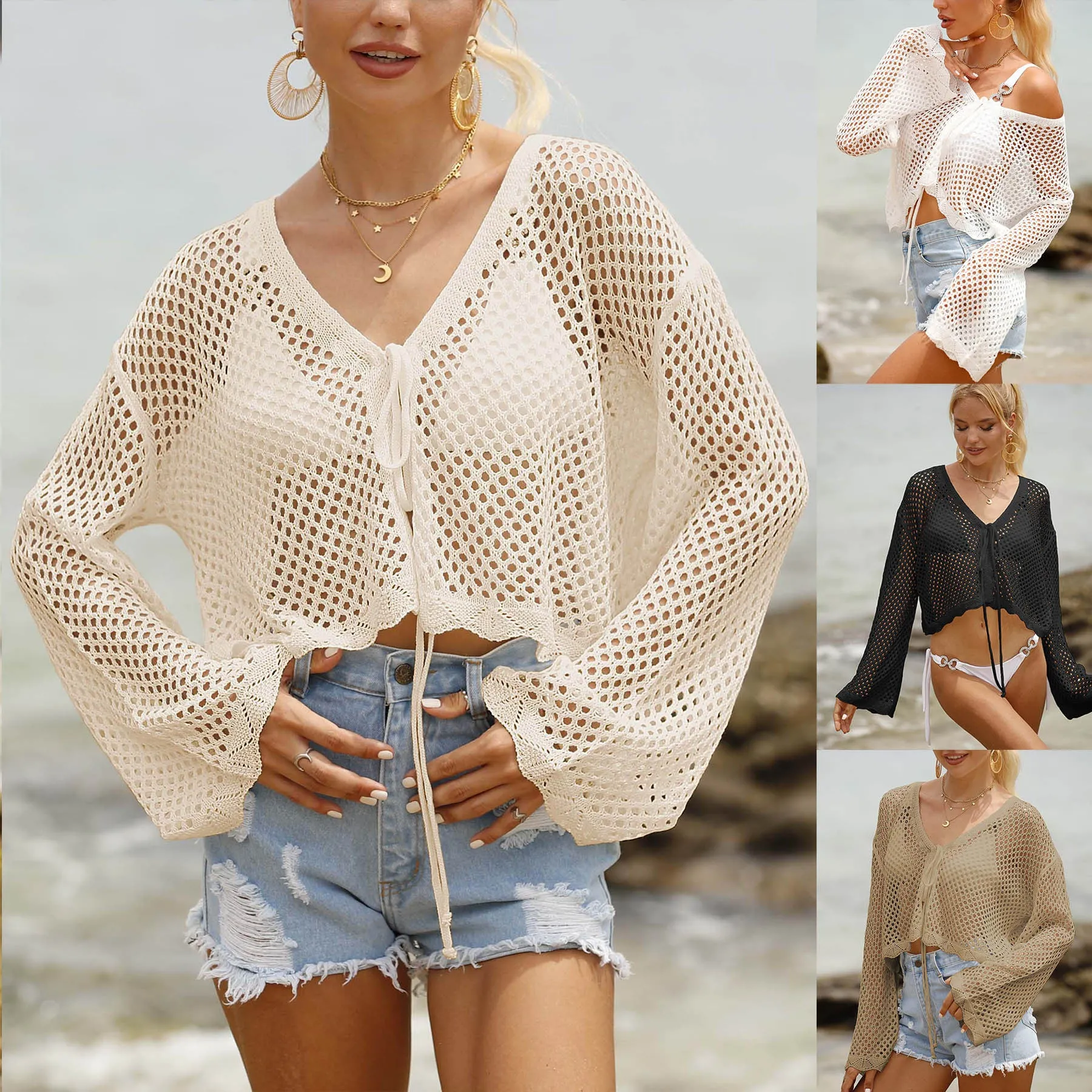 Lace-Up Hollow-Out Beach Blouse