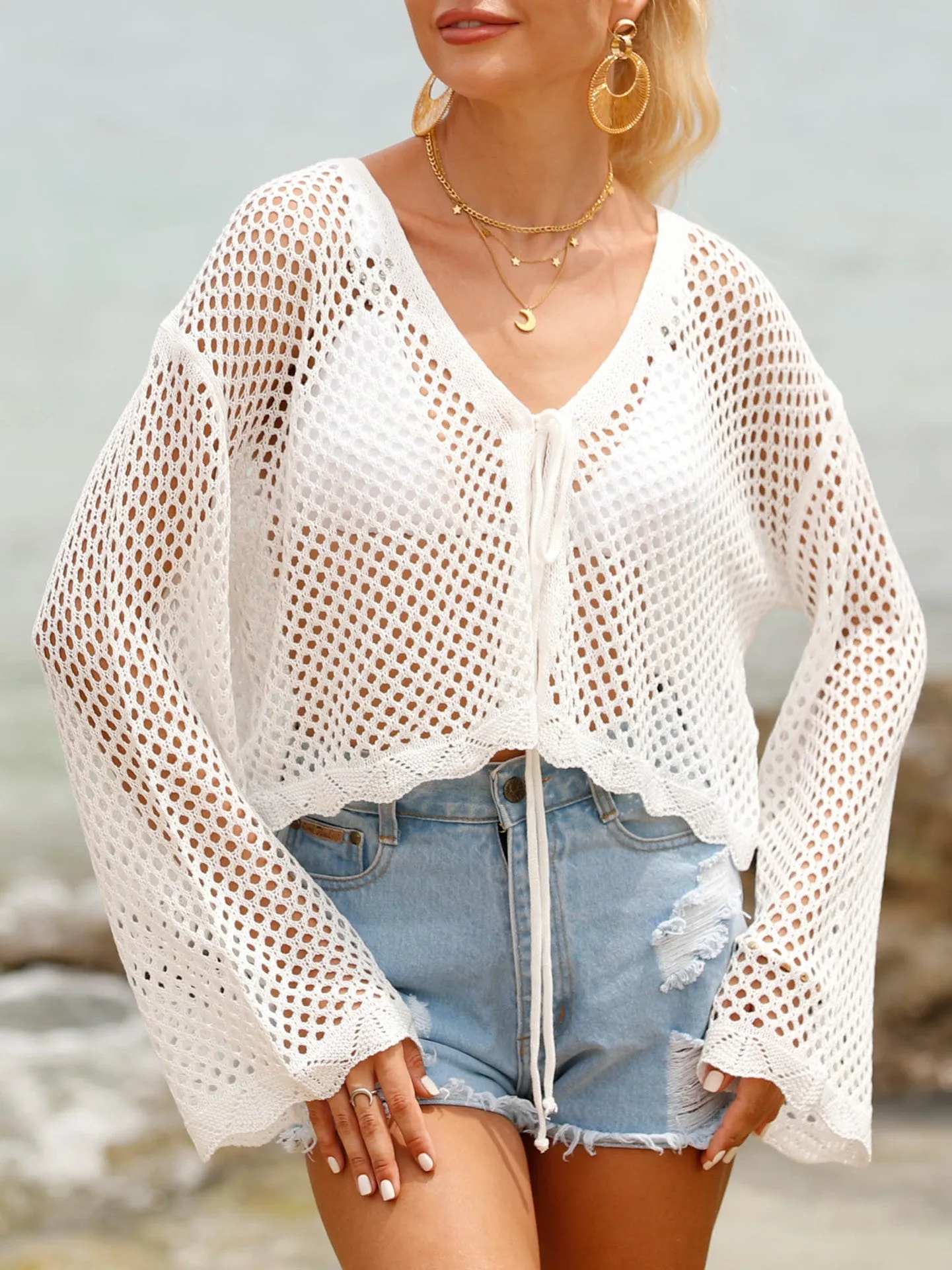 Lace-Up Hollow-Out Beach Blouse