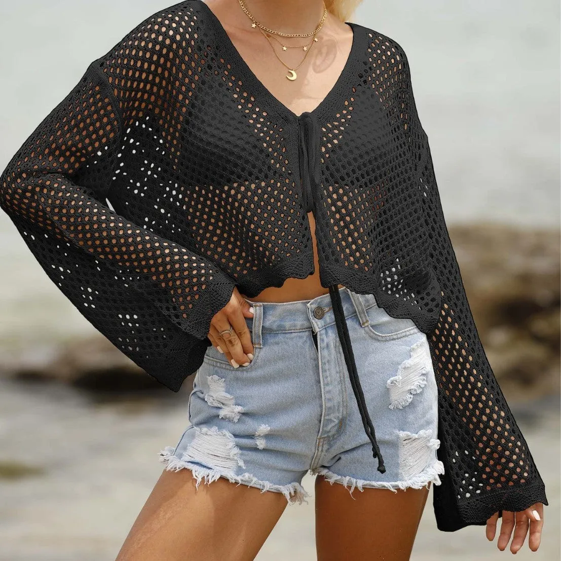 Lace-Up Hollow-Out Beach Blouse