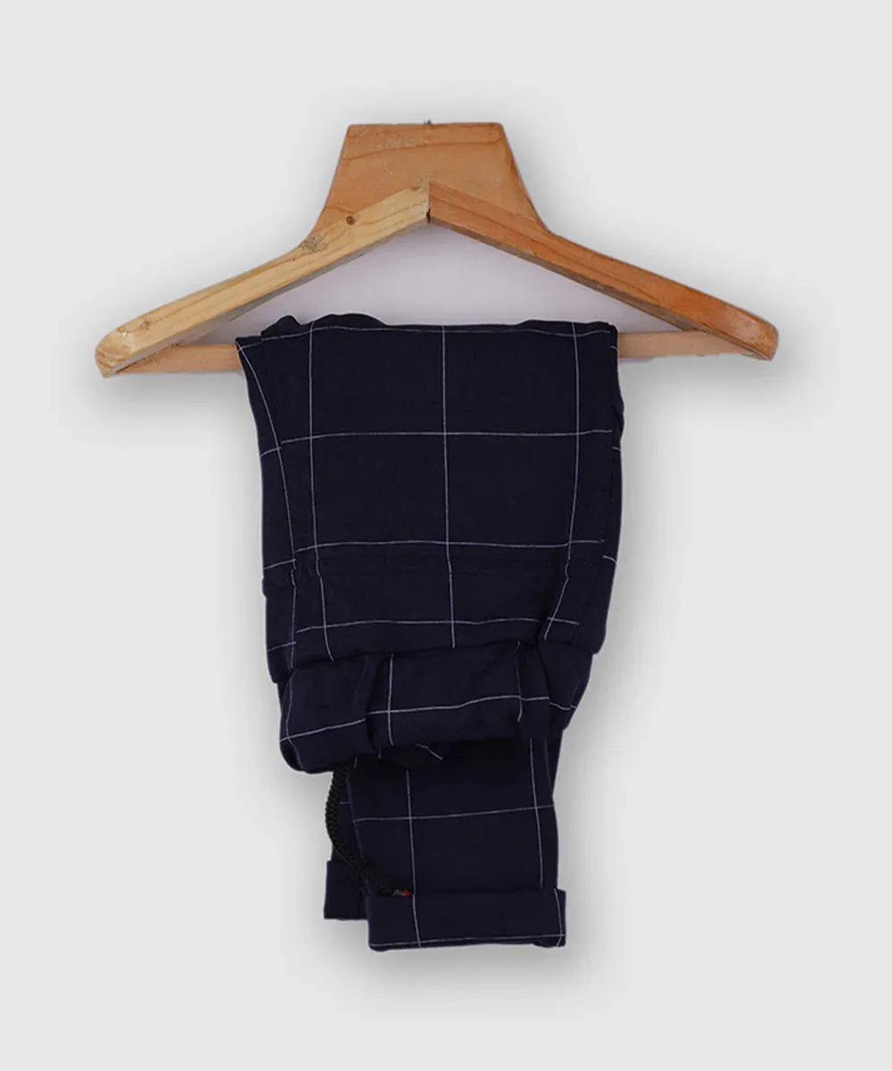 Navy Color Checked Cotton Blend Coat Suit Set