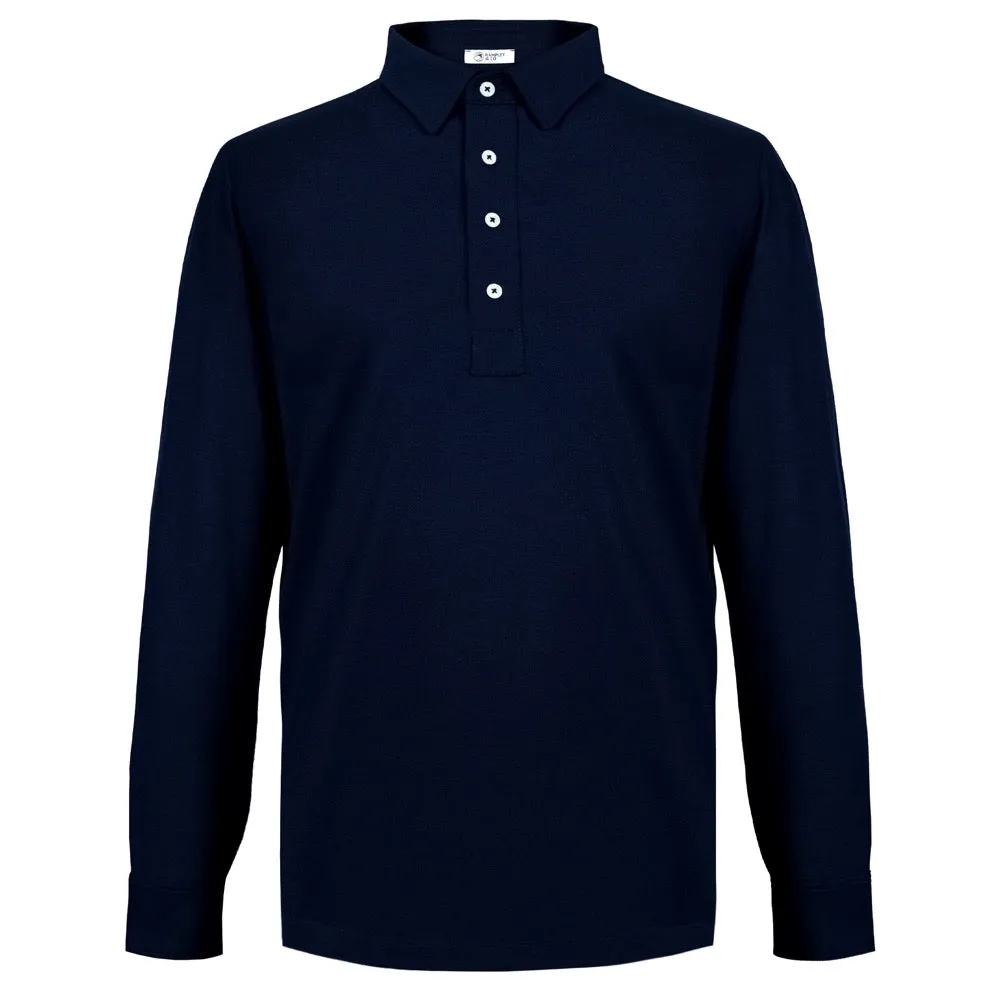 Navy Long-Sleeved Cotton Pique Polo Shirt