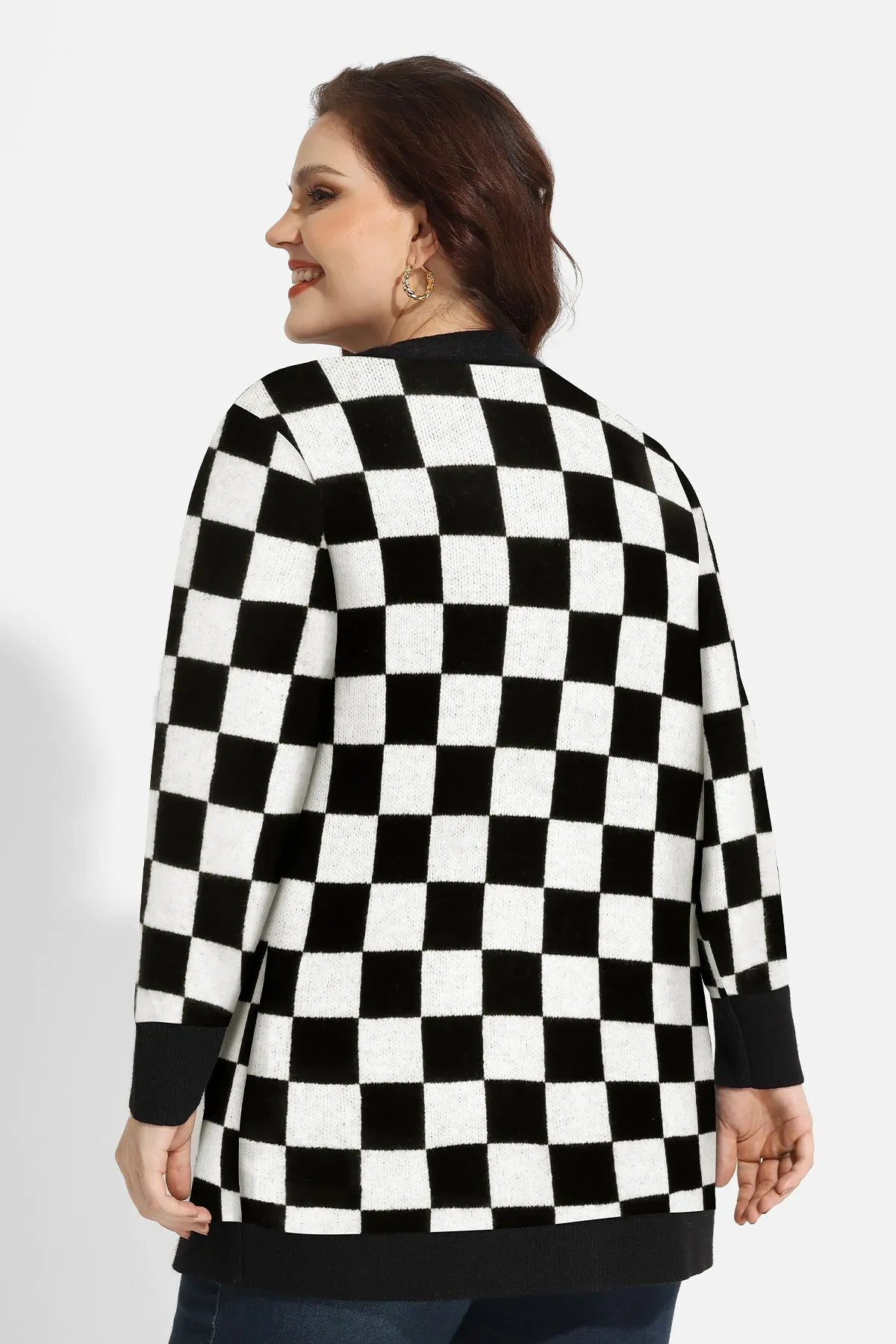Plaid Checker Pocket Open Front Knit Sweater