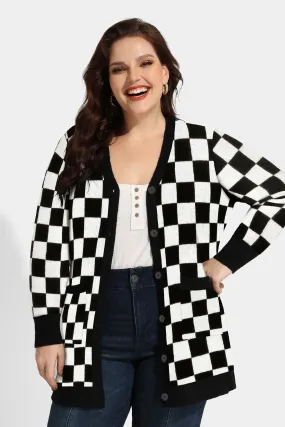 Plaid Checker Pocket Open Front Knit Sweater